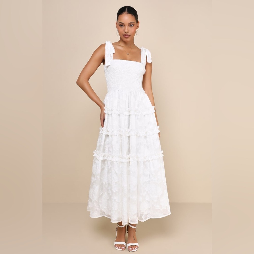 Lulus Adored Vibe White Floral Burnout Smocked Tie-Strap Midi Dress